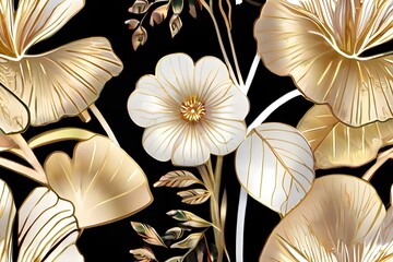 Golden floral line art vector background. Luxury watercolor wallpaper with white flowers, leaves and branch in hand drawn. Elegant botanical design for banner, invitation, packaging, wall Generative A