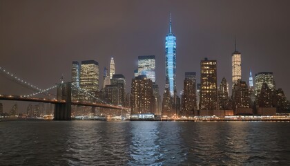Fototapeta na wymiar View from the water of New York City well-lit skyline