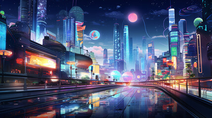 A cityscape at night illuminated by neon lights