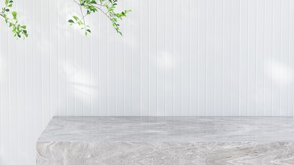 Minimal empty marble countertop counter in sunlight, tree leaf shadow on vertical stripe pattern tile wall for luxury organic cosmetic, skincare, body care, beauty treatment product background 3D