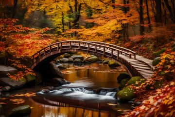 A small wooden bridge arching over a twisting creek, surrounded by vivid fall leaves.