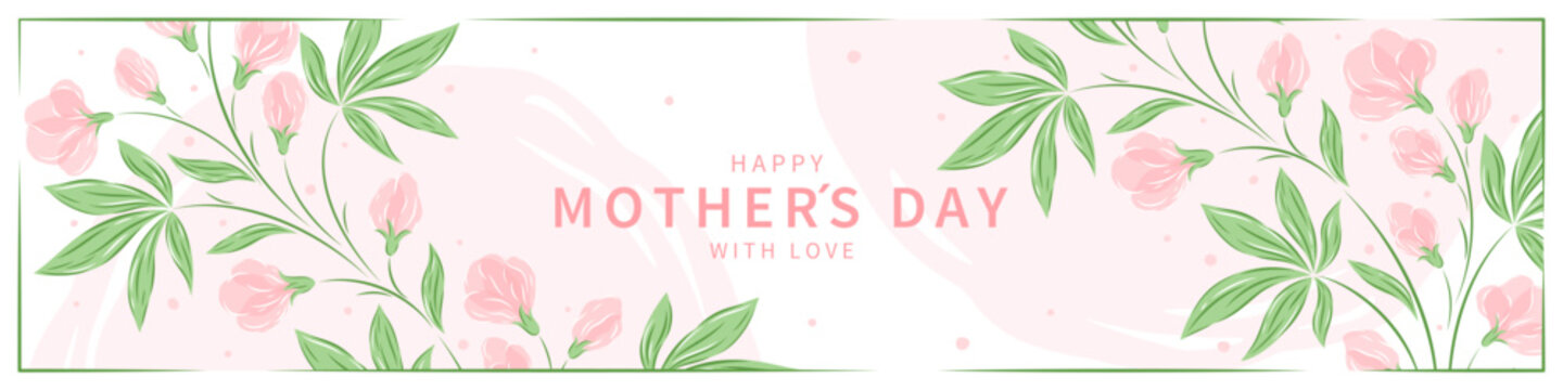 Mother's Day horizontal banner with flowers in pastel colors and text. Vector illustration