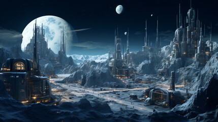 A cityscape on the moon with domed structures - obrazy, fototapety, plakaty