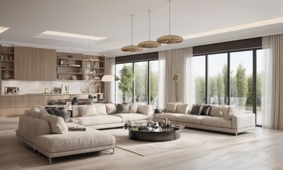A spacious living room boasts a neutral color palette with plush sofas and elegant gold pendant lights. Large windows frame a serene outdoor view, blending nature with the sophisticated interior. AI