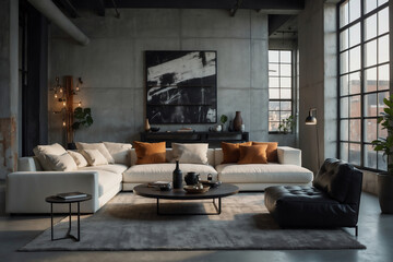Modernes Loft-Wohnzimmer mit eleganter weißer Couch und markantem Schwarz-Weiß-Kunstwerk - obrazy, fototapety, plakaty