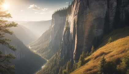 Beautiful rock cliff with wilderness and sunlight - obrazy, fototapety, plakaty