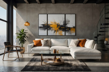 Elegantes Loft-Interieur mit weißem Sofa und dynamischem abstraktem Triptychon an der Betonwand - obrazy, fototapety, plakaty