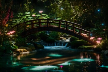 A whimsical mini bridge over a gentle creek in a secret garden, adorned with fairy lights and surrounded by magical flora