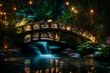 A fanciful tiny bridge over a quiet creek in a private garden, decorated with fairy lights and surrounded by magical flora