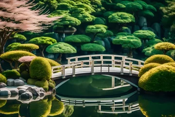 Schilderijen op glas An elegant miniature bridge over a calm pond in a Japanese-inspired landscape, with meticulously manicured bonsai trees © MB Khan