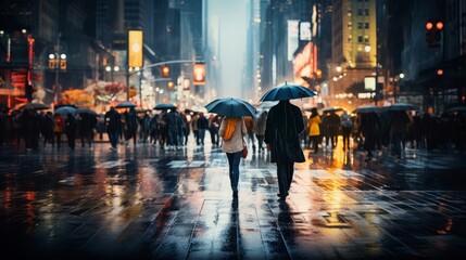 A rainy city street with people walking under umbrellas