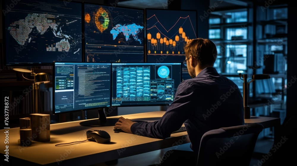 Poster a man is sitting at a desk with three computer monitors in front of him