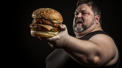 A man is holding a large hamburger in his hand