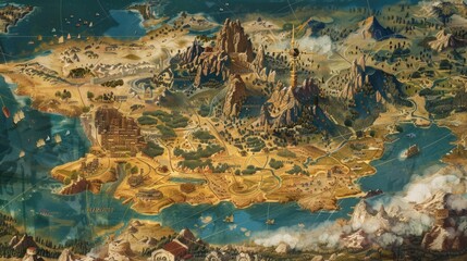A detailed vintage map of a fantastical land, with intricate terrain and mythical landmarks, inviting tales of adventure.