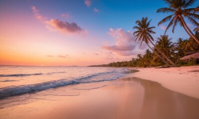 Fototapeta na wymiar A tranquil shoreline is bathed in the soft hues of sunset, with the sea mirroring the sky's pink and lavender canvas. Palm trees frame the picturesque scene, standing as silent sentinels. AI