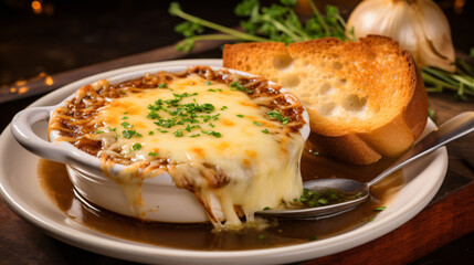 A classic French onion soup topped with melted Gruyere