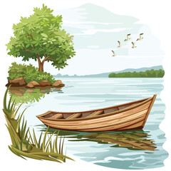 A peaceful riverside with a wooden fishing boat. clipart
