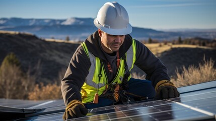 A man in a hard hat is working on a solar panel