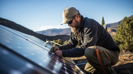Obraz premium A man in a hard hat is working on a solar panel