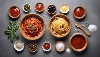 Ingredients for cooking spaghetti anchovy pasta salt in wooden bowl, olives, anchovies and tomato...