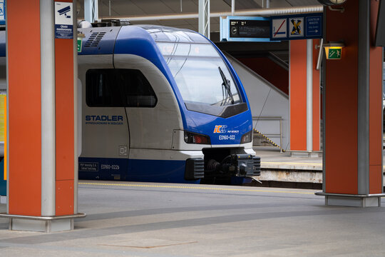 PKP Intercity Stadler Flirt 3 ED160 passenger multiple unit trainset. Polish state railways long-distance express train at Cracow Main Railway Station on March 16, 2024 in Krakow, Poland.