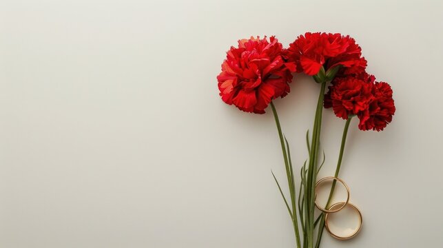 Red flowers and two golden rings on white background, copy space. generative AI image