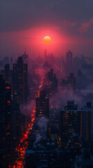 Fototapeta premium Sunset Over Fog-Enshrouded City With Warm Glow