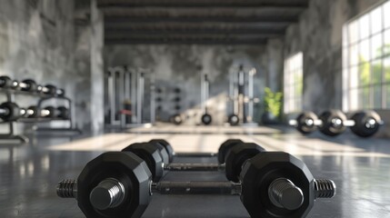 Dumbbells on the floor in a fitness room with exercise equipment behind, 3d rendering. generative AI - obrazy, fototapety, plakaty