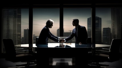 Two men shaking hands in front of a city skyline