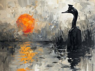 A painting of a duck in a pond with a sun in the background