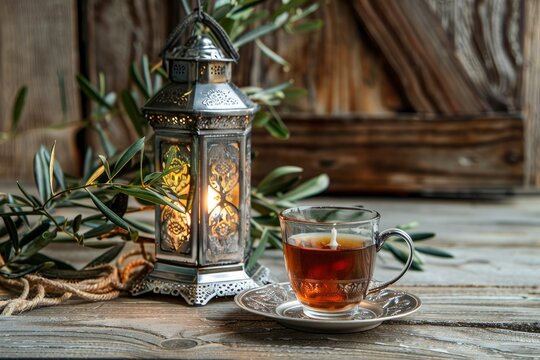 Ramadan Kareem greeting card, invitation. Silver lantern with burning candle. Turkish tea in glass on saucer. Green olive tree branches on old wooden table background. Muslim Iftar - generative ai