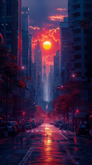 Crimson Sunset Over Wet Street With Urban Silhouettes - obrazy, fototapety, plakaty