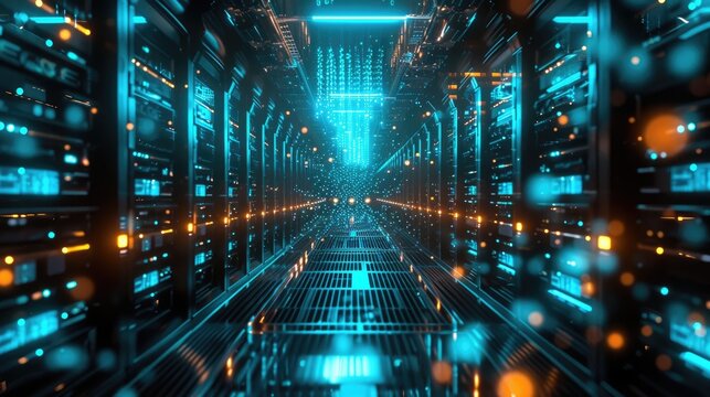 A parallel row of servers, adorned in electric blue, fills a technology-driven data center hallway with a symmetrical display of power and Azure technology. AIG41