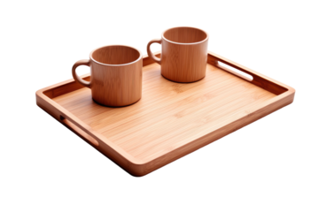Two Mugs on a Wooden Tray on a White Background. On a White or Clear Surface PNG Transparent Background.