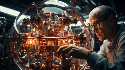 A man in a white lab coat is working on a machine