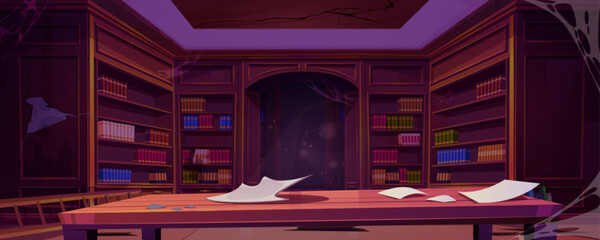 Abandoned public school library with books on broken shelves and furniture, mess and cobweb. Damaged old literature storage room interior. Cartoon vector illustration of bookcase in destroyed archive. © klyaksun