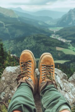 close-up of hiking boots overlooking a mountain landscape