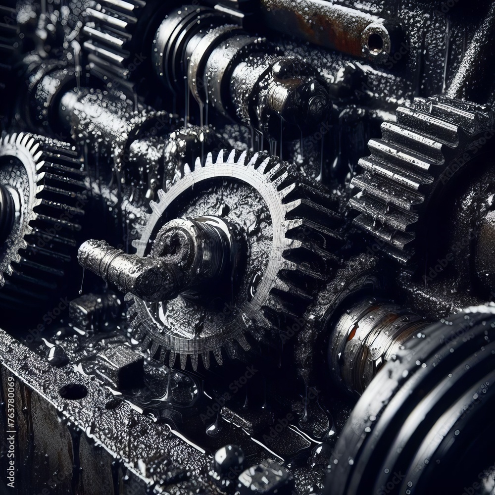 Poster macro shot of wet mechanical gears and cogs, highlighting the fusion of industrial art and function.