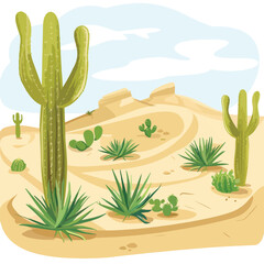 A serene desert landscape with sand dunes and cacti.