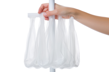 Hand Holding Plastic Bag on Pole. On a White or Clear Surface PNG Transparent Background.