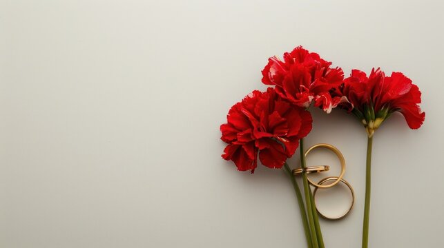 Red flowers and three golden rings on white background, copy space. generative AI image