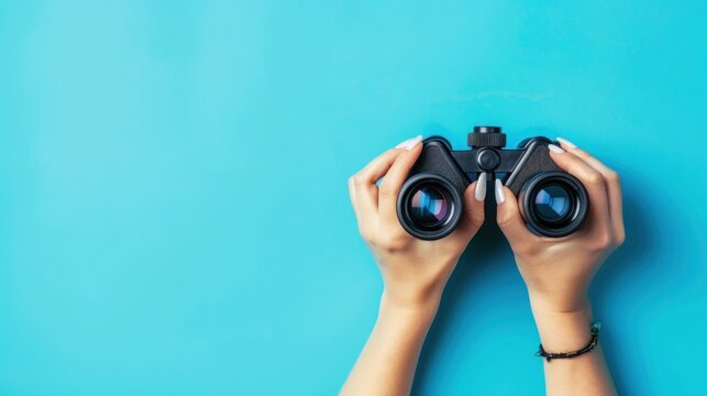 Female hands hold black binoculars on blue background. Copy space. generative AI image