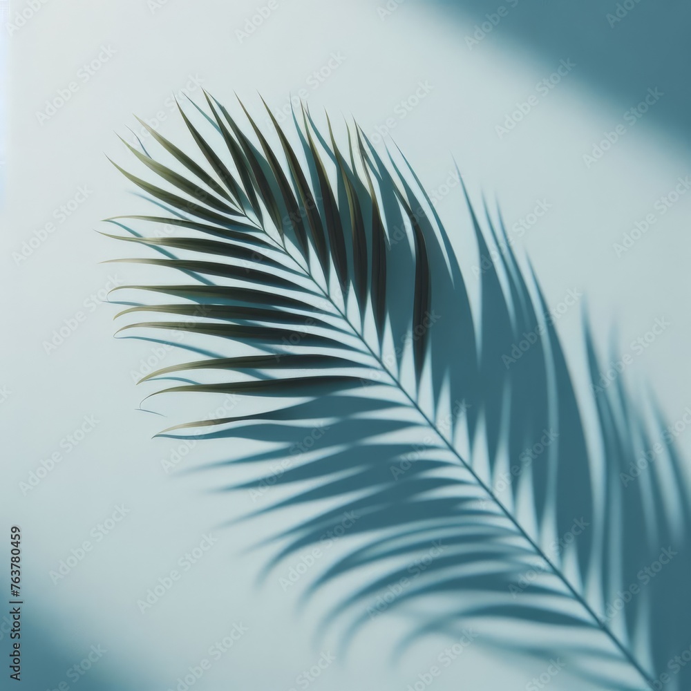 Poster a single palm leaf casts a delicate shadow on a smooth blue surface, evoking a sense of calm and sim