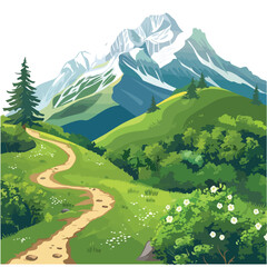 A serene mountain landscape with a winding trail. clipart