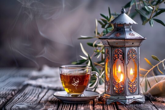 Ramadan Kareem greeting card, invitation. Silver lantern with burning candle. Turkish tea in glass on saucer. Green olive tree branches on old wooden table background. Muslim Iftar - generative ai