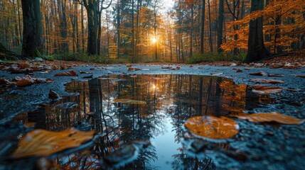 Forest in the morning with trees reflection - obrazy, fototapety, plakaty