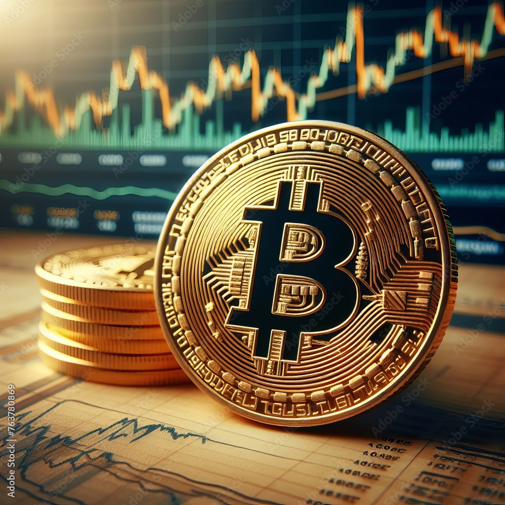 Poster close-up of a bitcoin coin with analytical financial charts in the background. this scene highlights