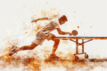 Brown watercolor painting of table tennis player in action on match