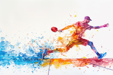 Colorful watercolor painting of table tennis players in action on match