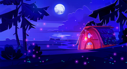 Fantasy little wooden house of gnome or fairy animal with light from windows and lantern over door at night. Cartoon dark magic landscape with cozy tiny elf cottage under moonlight at sea shore. - obrazy, fototapety, plakaty